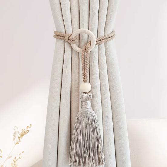 Bohemian Curtain Tiebacks Handwoven Rope with Tassels & Wood Beads Decorative Window Holdbacks for Living Room Bedroom Home Decor