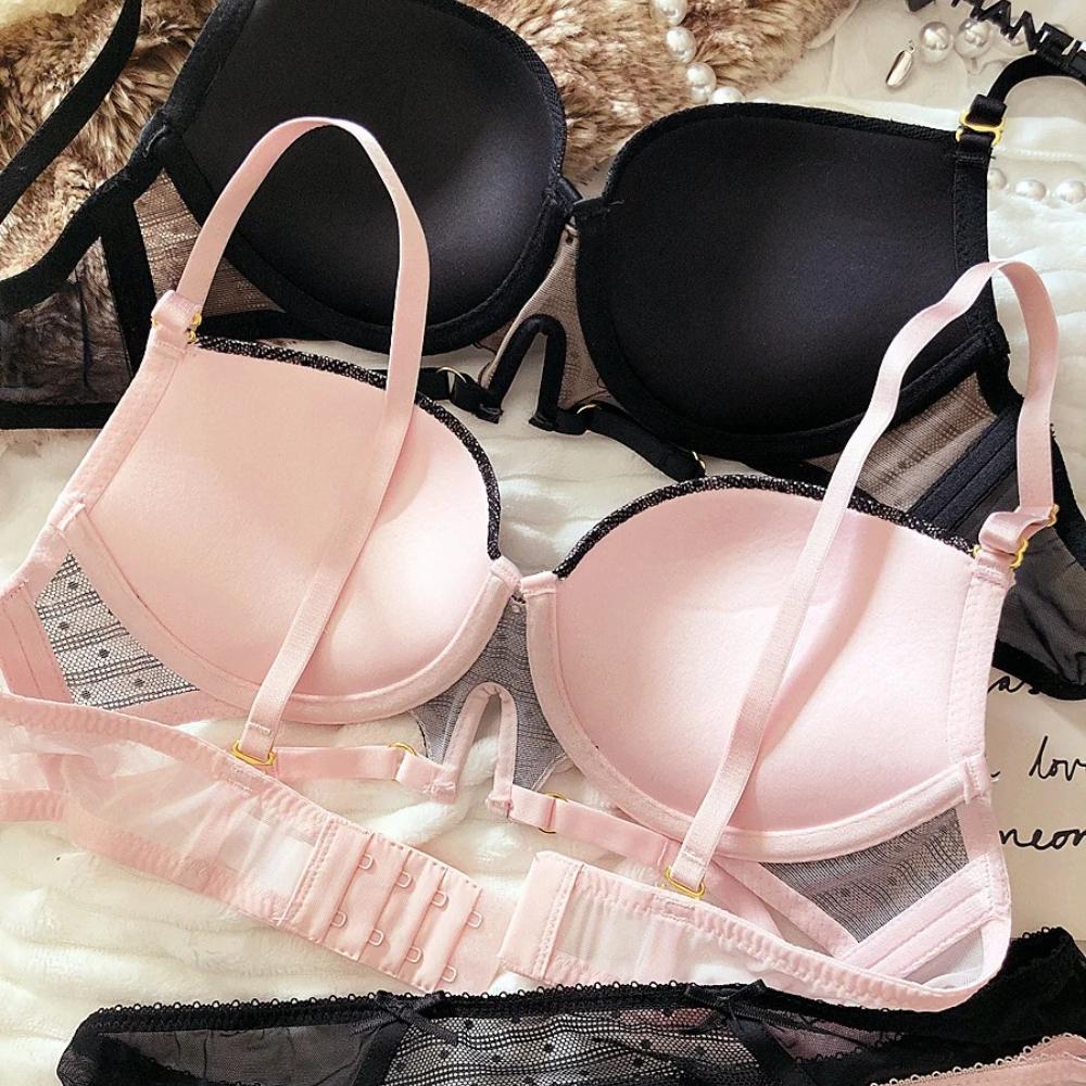 Sexy Hollow Underwear Set for Women 3/4 Cup Push Up Bra Lace Splicing Color Brassiere and Panties Ladies Intimates Lingerie