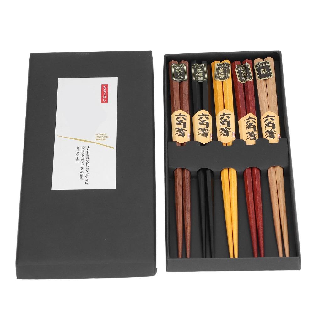 5Pair Hexagonal Shape Food Chopsticks Wood Material Tableware Chopsticks Restaurant Use