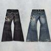 American Trendy Y2K Harajuku Retro Pattern Embroidery Washed Blue Jeans Women's Street Fashion Slim Pants