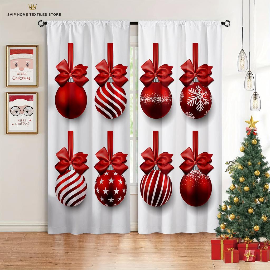 Christmas Cartoon Print Curtains, Snowflake Curtains, Party Decoration, Bedroom, Restaurant, Holiday, 2 Pieces