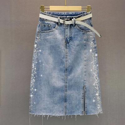 Summer Fashion Skirt Rhinestone Split Denim Skirt with Bodycon Design