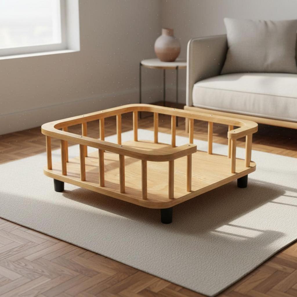Wooden Pet Bed with Raised Fence, Breathable, Elevated Sofa Made of