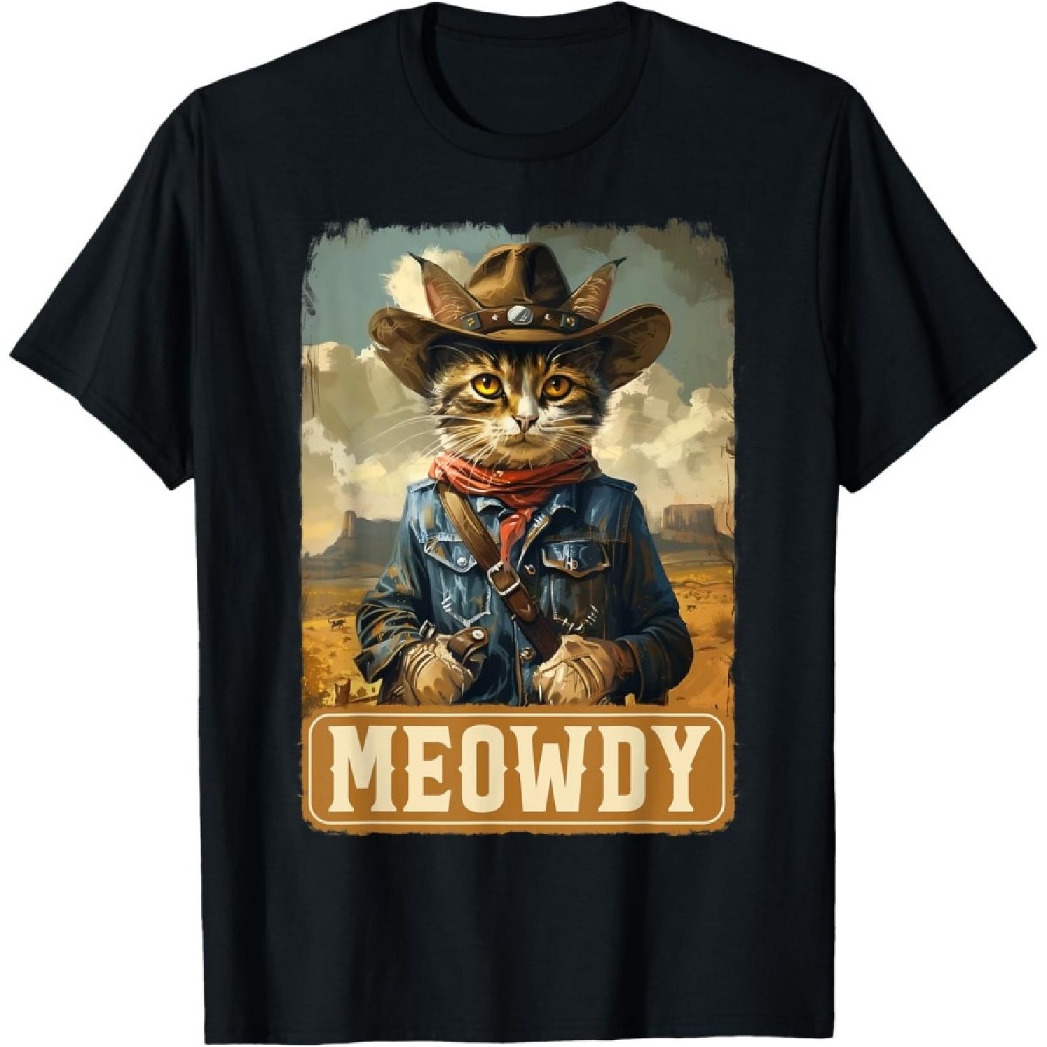 Meowdy Funny Country Side Cat Hat Vintage Cowboy Cat Lovers T-Shirt S