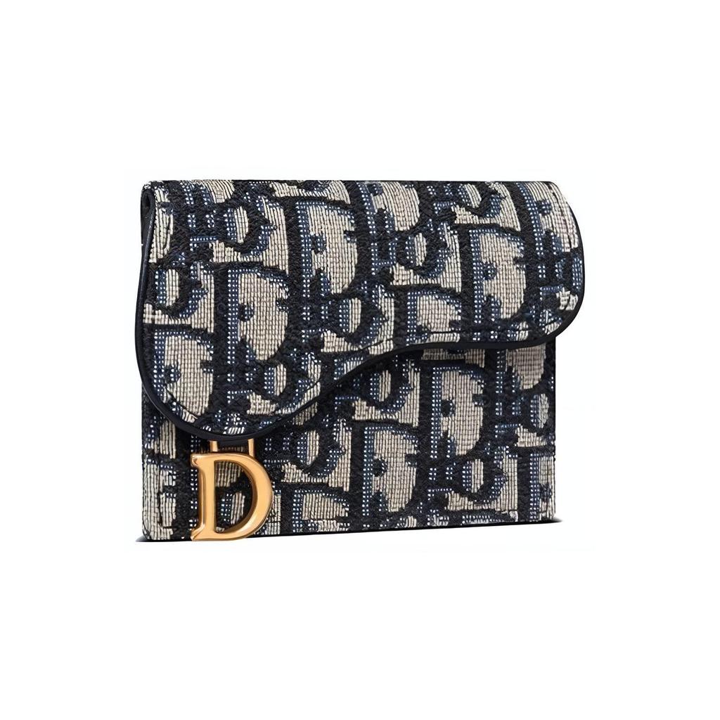 Dior Classic Oblique Embroidered Flap Slim Leather Card Holder Women Accessories Denim-Blue S5610CTZQ_M928