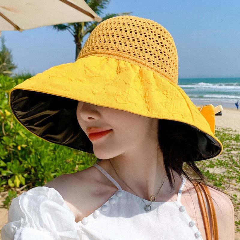 New Vinyl Bow Sun Hat Women's Hollow Straw Hat UV Protection Big Eaves Face Protection Sun Protection Hat Bucket Hat