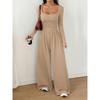 YYFS Women's Fashion Casual Spring Autumn Solid Color Print Long Sleeve Square Collar High Waist Trousers Jumpsuits & Rompers