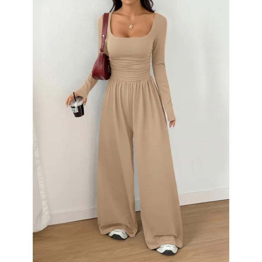 YYFS Women's Fashion Casual Spring Autumn Solid Color Print Long Sleeve Square Collar High Waist Trousers Jumpsuits & Rompers