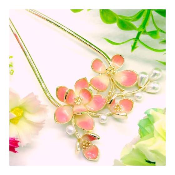 Miaomyao U-Shaped Hairpin Hair Stick Japanese Kimono Yukata Hair Accessory Pearl Antique Lotus Water Lily Butterfly Gold Miaomyao (Pink)