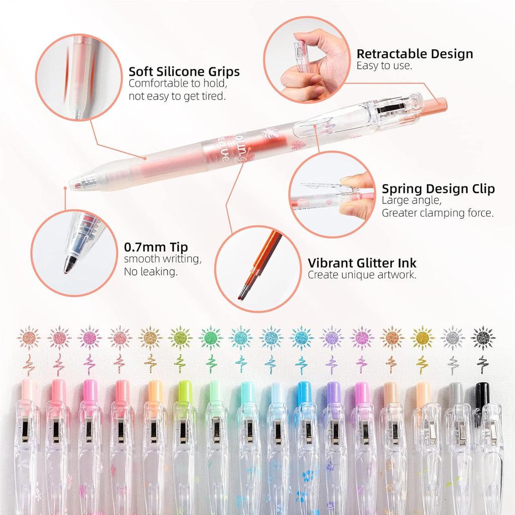 Glitter Gel Pens, 16 Colors Glitter Pens, 0.7mm Fine Tip Retractable Colored Sparkle Gel Pens for Adults Journaling Coloring