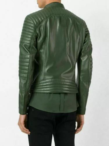 Green Stylish Jacket Men's Genuine Lambskin Leather Biker Festive Motorcycle