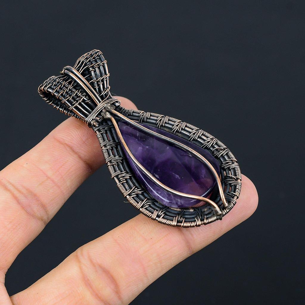 Ametystový přívěsek Drahokam Šperky, Přívěsek omotaný měděným drátem 999, Dárek pro ženy Ručně vyrobený přívěsek