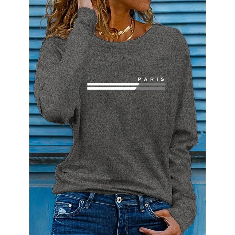 Women's Spring and Autumn Comfortable Casual Fashion Long Sleeve Paris Letter Printed Round Neck T-shirt