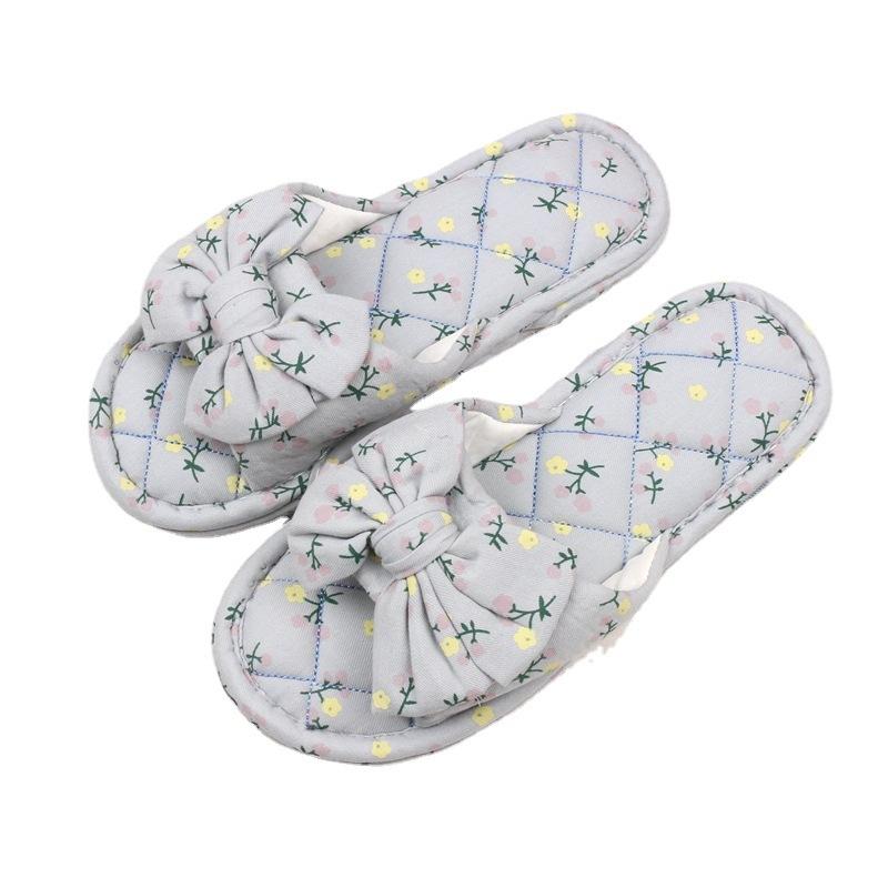 Broken flower bow women's rubber bottom three-layer thickened fabric slippers indoor wooden floor open slippers
