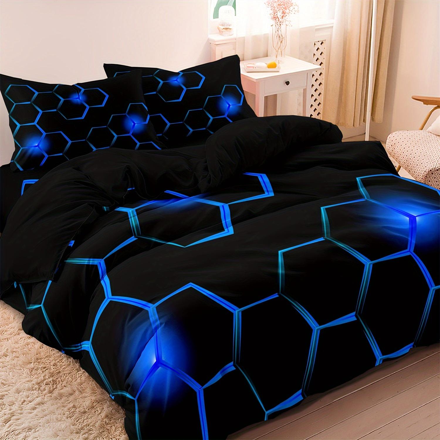 

3Pcs Blue Black Geometric Honeycomb Pattern 3D Print Quilt Cover Set Soft Comfortable Doona Duvet Cover for Bedroom (135x200cm)