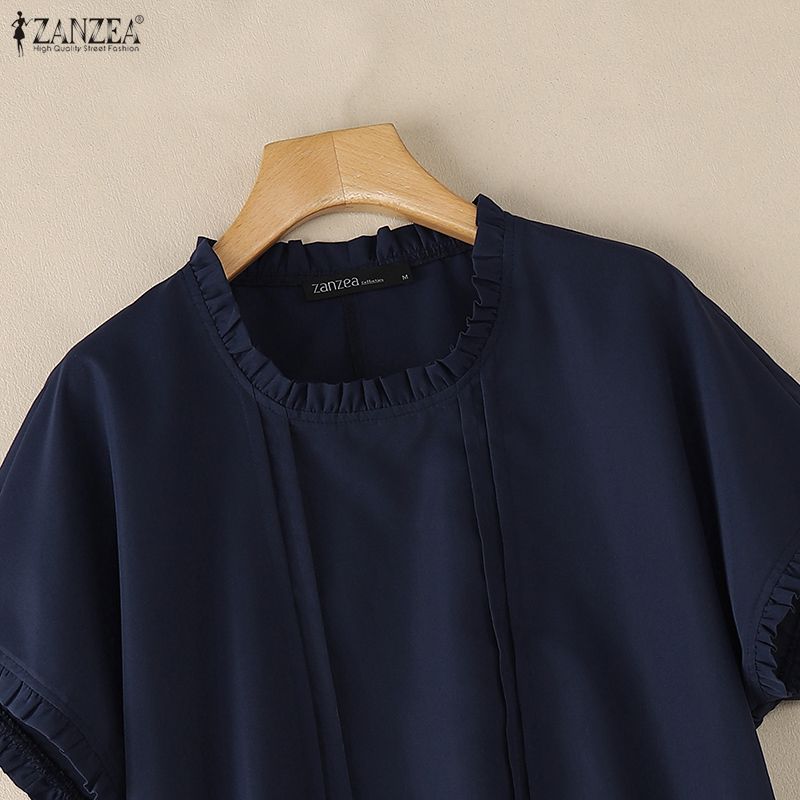 ZANZEA Women Casual Round Neck Solid Color Summer Short Sleeve Blouse