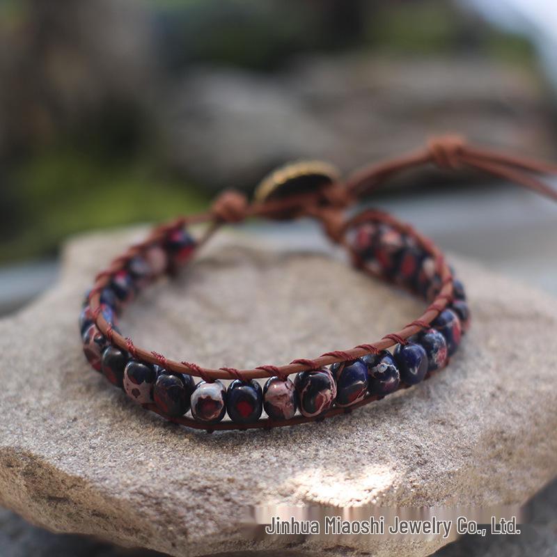 Freeform Shoushan Stone 5x7 Emperor Leather Woven Bohemian Bracelet