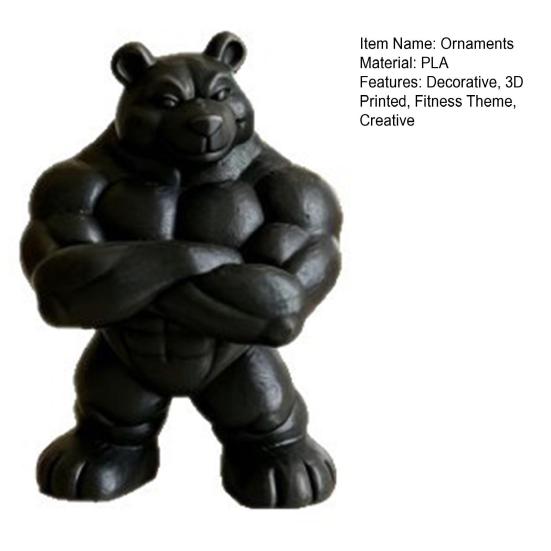 3D Printed Muscle Bear Statue Matte Black Fitness Ornament for Office Bookshelf Gym