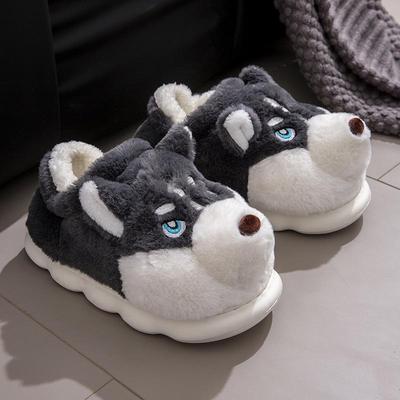 Gemütliche Baumwoll-Hausschuhe für Herren - Dicke Sohle, Geschlossene Ferse, Niedliches Husky-Design, Winter-/Herbst-Innen- und Außenbereich.