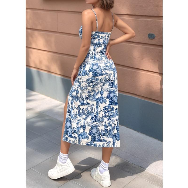 YYFS Damenmode Sommer Frühling Blumenmuster Druck Ärmellose Hosenträger Hohe Taille Freizeitkleider