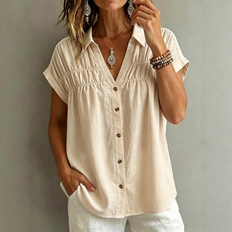 V Neck Loose Solid Button Pleated Short Sleeve Women Casual Blouse
