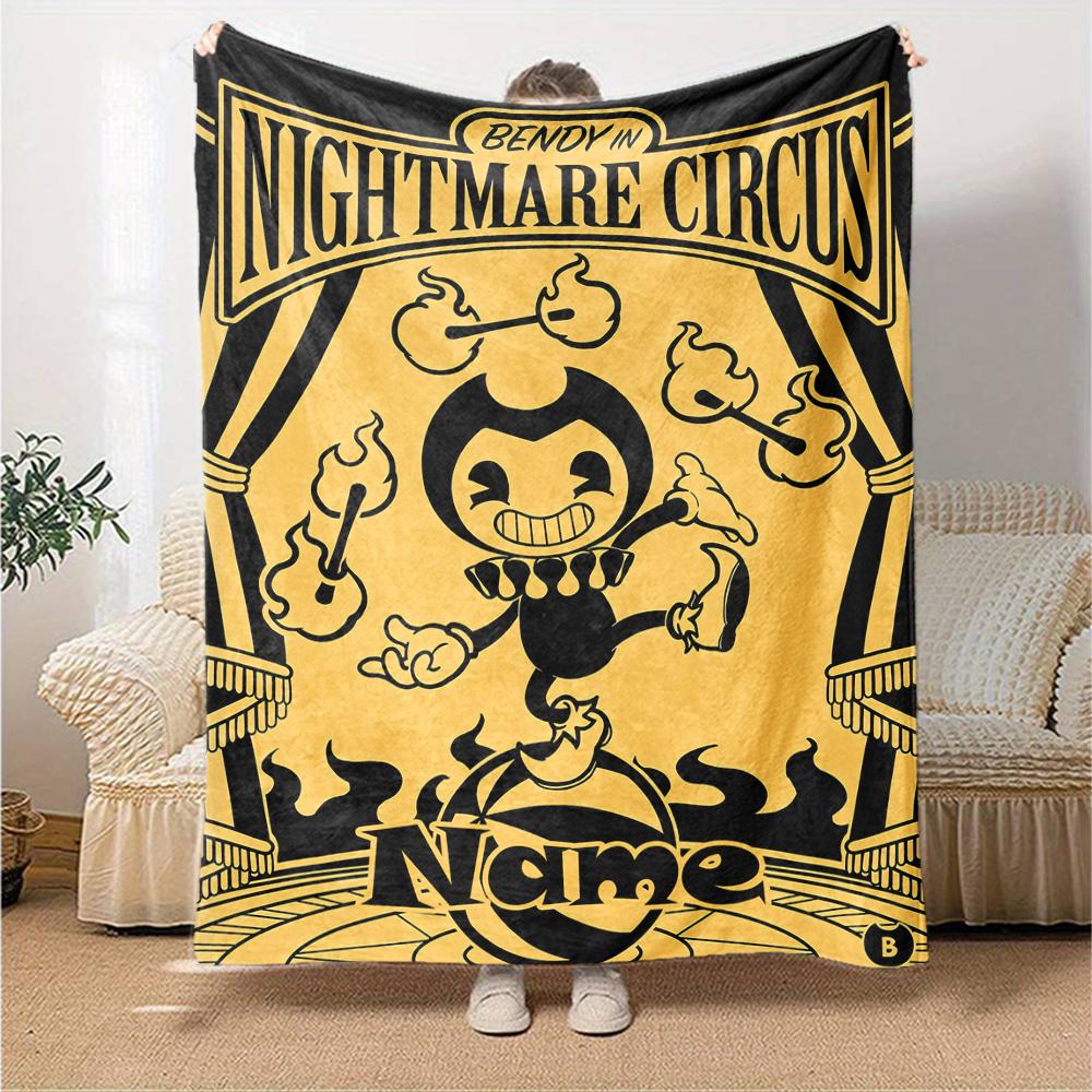 Custom Name Bendy and the Ink Machine Theme Printed Blanket - Perfect for Couch, Bed, Travel & Outdoor Use | Machine Washable, Cozy & Durable.