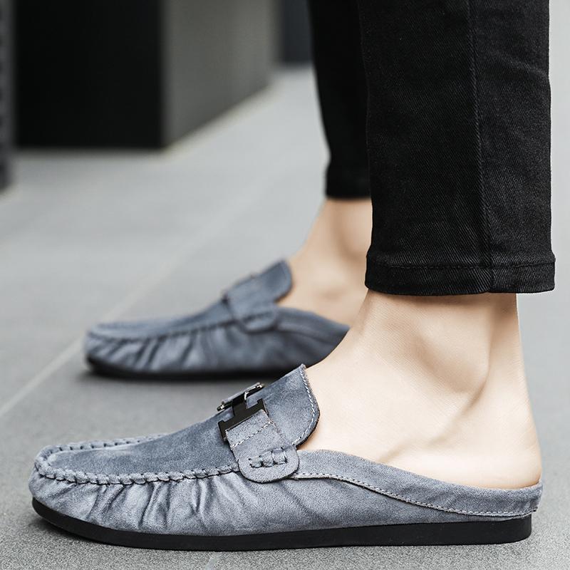 2025 New Men's Slippers Leather Summer Flat Bottom Outdoor Non Slip Comfortable Luxury Trendy Set Wearing Half Slippers 39-44