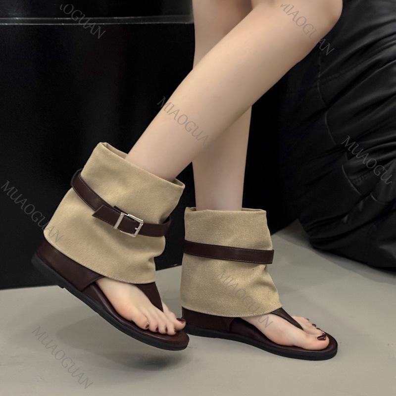 Fashion Retro Sandals Boots Women Summer Shoes Belt Buckle Flip-flops Versatile Wedge Heel Short Cool Boots Open-toe Flat Sandal Female