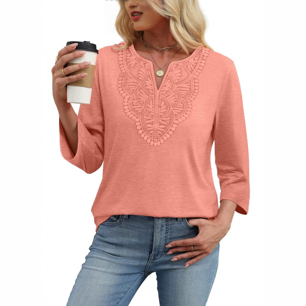 Damen V-Ausschnitt Spitze Patchwork 3/4 Ärmel Lässig Bluse Locker Einfarbige Tunika Top