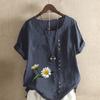 Women's Fashion Round Neck Short Sleeve T-shirt Casual Cotton Linen Graphic Shirt Chrysanthemum Prined Summer Blouse Tops Plus Size