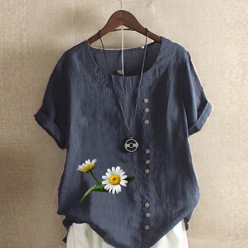 Women's Fashion Round Neck Short Sleeve T-shirt Casual Cotton Linen Graphic Shirt Chrysanthemum Prined Summer Blouse Tops Plus Size