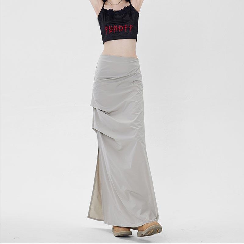 Elegant Skirt Women Sexy Slim Side Slit Pleated Mid-length Hip Skirt Y2k Vintage Fashion Bottoms Female Clothes Streetwear