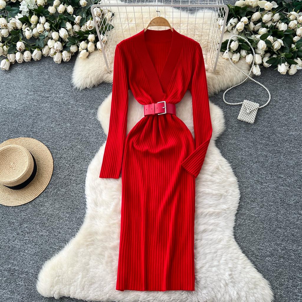 Spring Autumn Women Casual V-neck Full Sleeve Knitted Sweater Midi Pencil Dresses with Belt