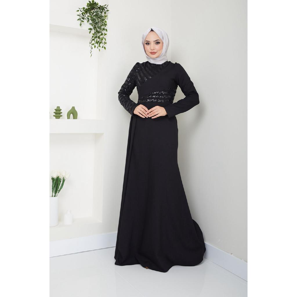 Damenbekleidung Abendkleid Mode Pailletten Cape Hijab Fisch Abendkleid 2711 Schwarz