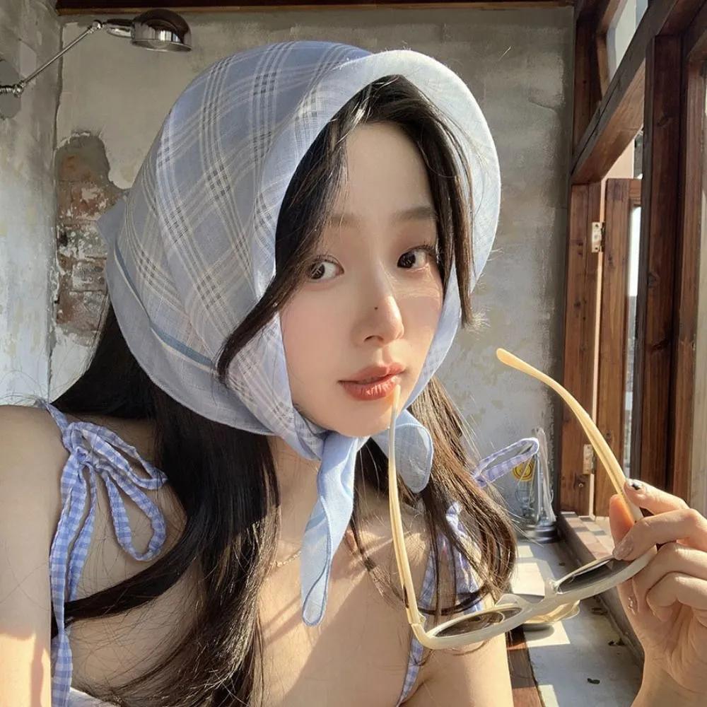 Pomelo Hair Bandana / Vintage See-through Check Square Bandana Kerchief Scarf