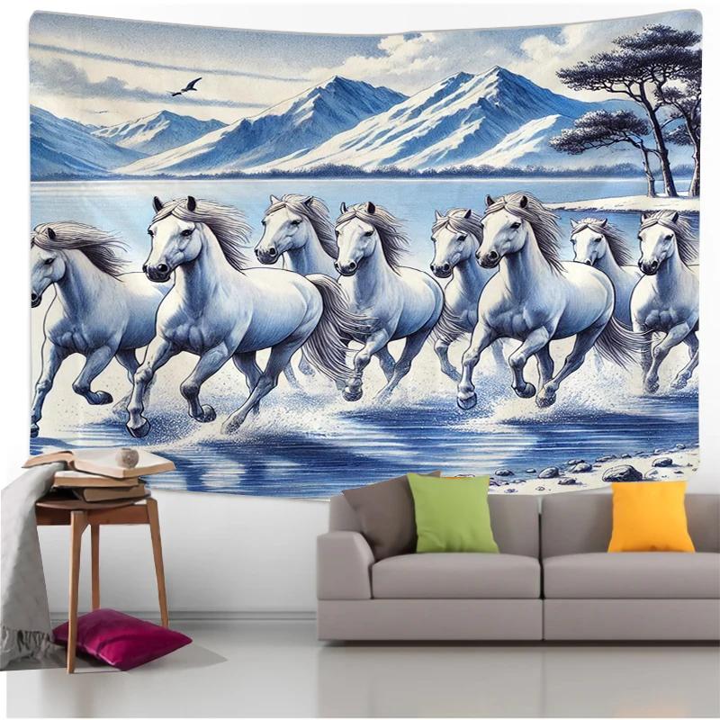 Glückliche weiße Pferde Wandteppich, 8 galoppierende Pferde im Wasser mit Landschaft Wandtuch für Zuhause, Wohnzimmer & Feng Shui Dekoration