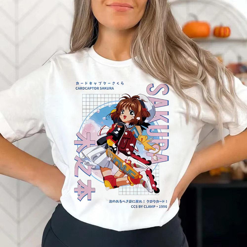Футболка с принтом Сакура Кард Каптор Одежда Топ Унисекс Женская Винтажная Уличная Одежда Дышащий и Удобный Хлопок S