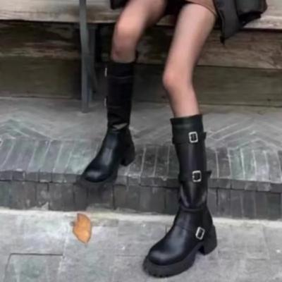 New Autumn Belt Buckle Women's Boots Knee High Chunky Heel Shoes for Women Outdoor Dress Women's Thigh High Riding Boots Zapatos