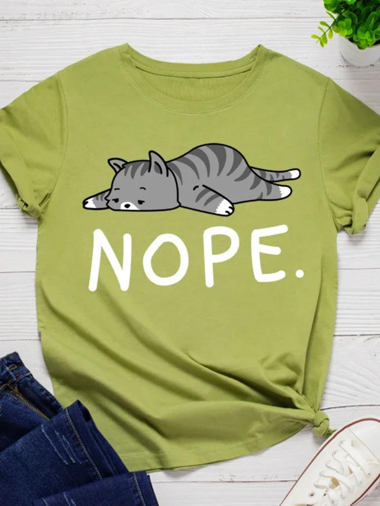 Não Estampa de Gato Camiseta Feminina Manga Curta Gola O Solta Camiseta Feminina Camiseta Feminina Tops Roupas Camisetas Mujer