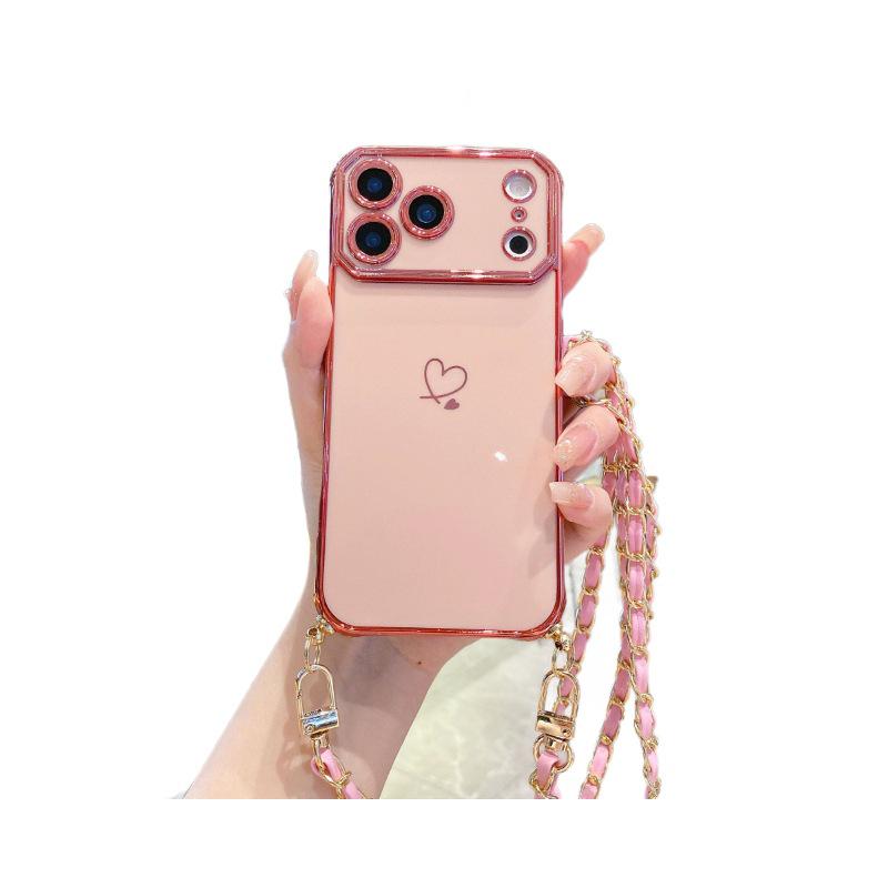 High-End Electroplated Love Heart Crossbody Lanyard Case for iPhone 16 Pro Max/17/15/14