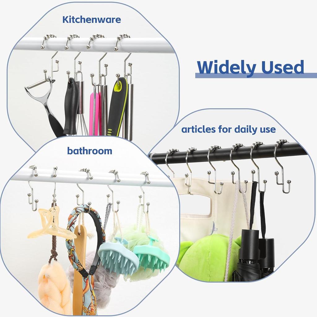 Shower Curtain Hooks, 12Pcs Shower Curtain Rings Rust Proof, Stepped Double Hook Shower Curtain Hooks, Easy Glide Metal Shower Hooks for Shower