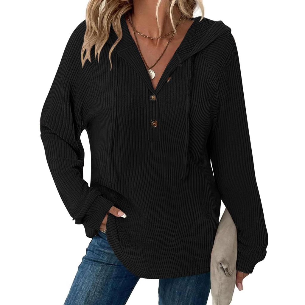 Women's Fashion Long-Sleeved Hooded Sweatshirt With Drawstring And Button-Up V-Neck Pullover Casual Sports Sweatshirt Top