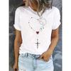 European Size Women's Casual Short Sleeve Crew Neck T-Shirt - Heart & Cross Print with Whimsical Doodle Design