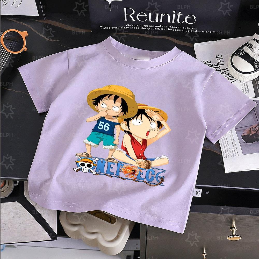Cute One Piece Luffy Kids T-Shirt, Classic Anime Character Design, Comfortable Cotton Summer Tee for Boys and Girls