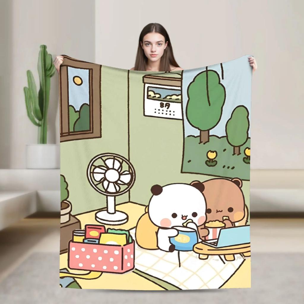 Bubu Dudu Panda Bear Cartoon Flannel Blanket Cute Art Lightweight Throw for Autumn Winter Travel Home Decor