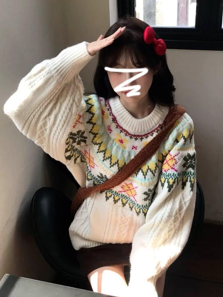 Women's Fair Isle Crew Neck Pullover Sweater - Spring/Summer Loose Fit Knit Top
