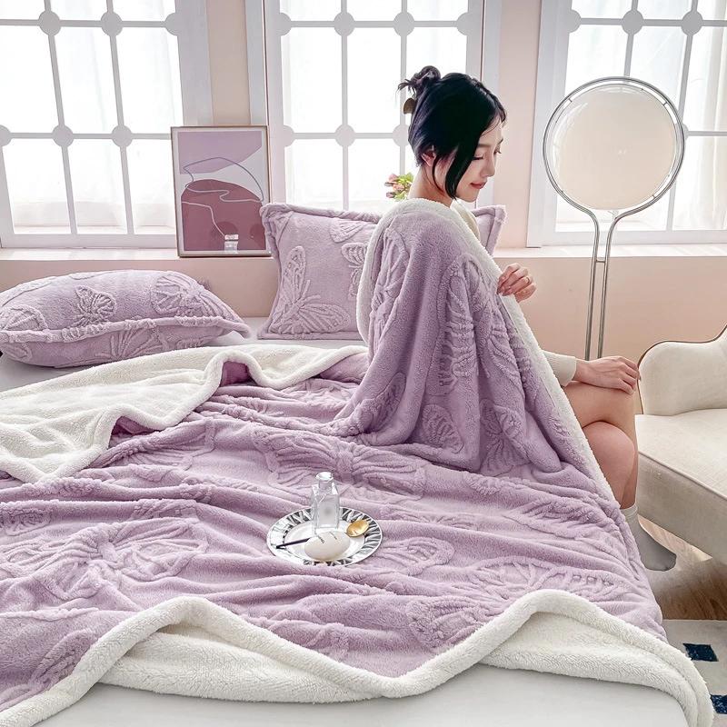 New Butterfly Tafu Velvet Blanket Warm Autumn Winter Soft Fluffy Bed Sofa Blankets Office Nap 2 Layer Thickened Throw Blanket