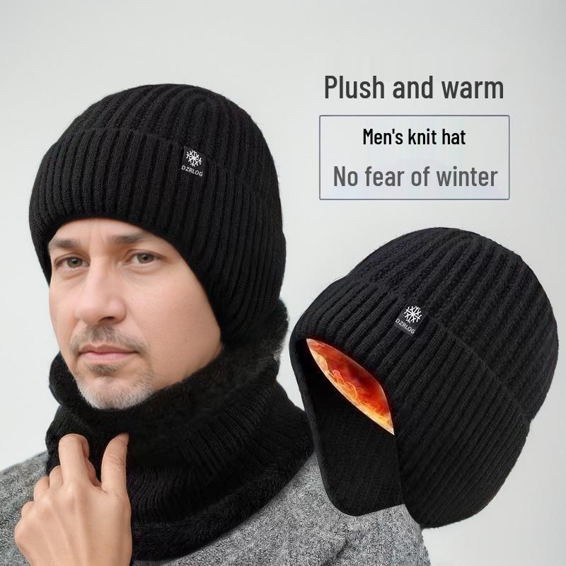 Men's Winter Knit Hat and Scarf Set with Ear Protection for Seniors