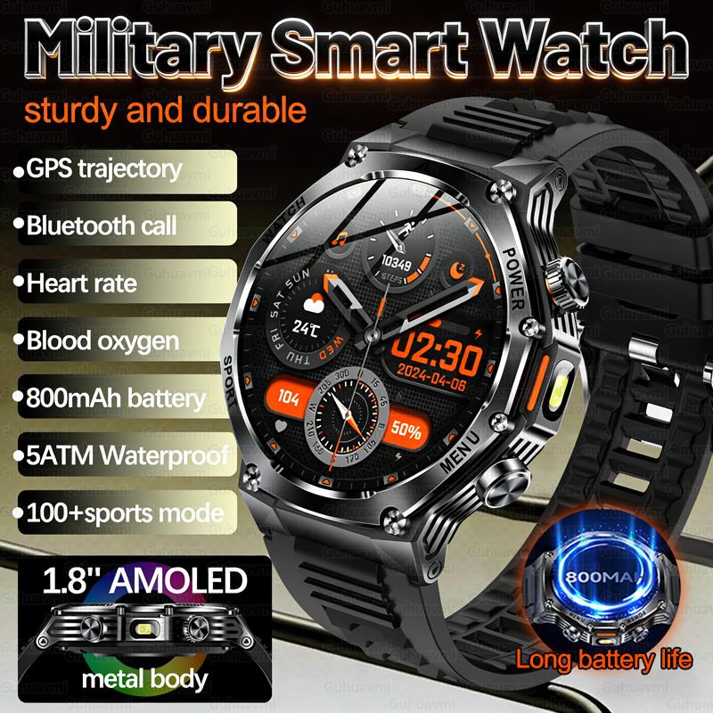 New Military Grade Sports Smart Watch 5ATM Swimming Waterproof 800mAh Bluetooth Call 1.8'' AMOLED Screen Smartwatch For Men