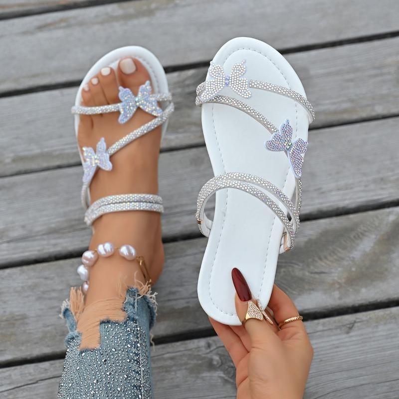 Fashion 2025 Summer New Women’s Plus Size Sandals Outdoor Round Toe Narrow Band Crystal Butterfly Slippers for Beach Daily Slippers